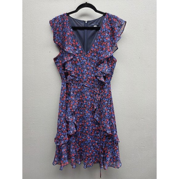 Tommy Hilfiger Dress Womens 16 Blue Red Floral Ruffle V-Neck Tie Waist Midi - Picture 1 of 13